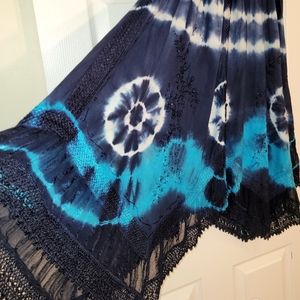 Flowing navy blue and turquoise tie dye skirt.